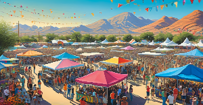 A colorful outdoor music festival in Scottsdale, Arizona, with attendees enjoying performances and local food vendors.