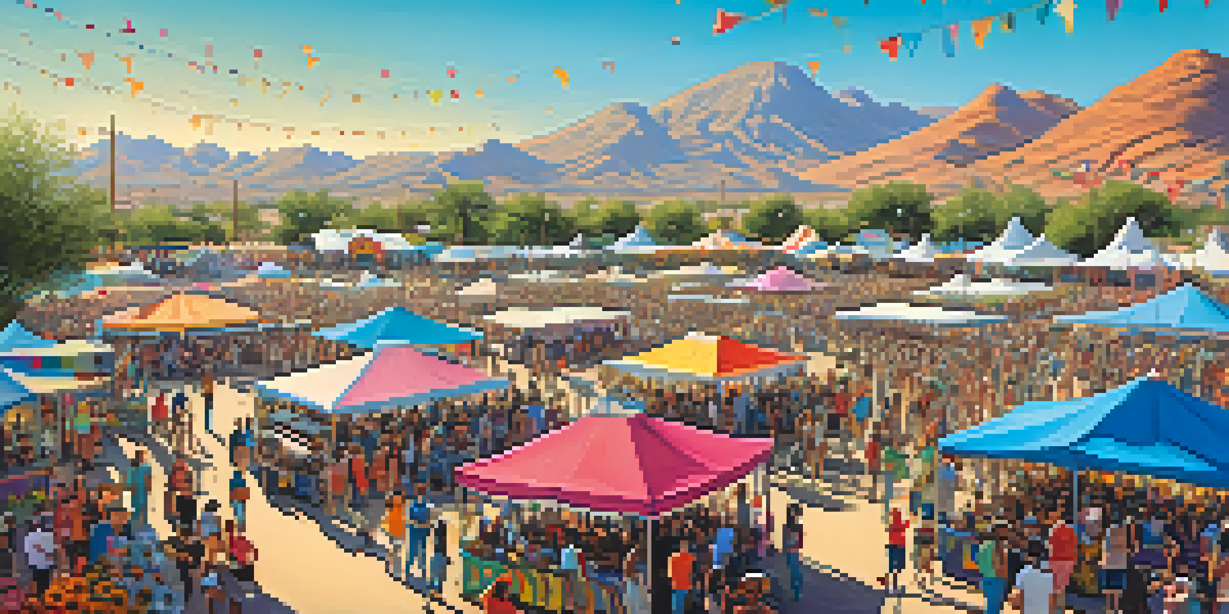 A colorful outdoor music festival in Scottsdale, Arizona, with attendees enjoying performances and local food vendors.