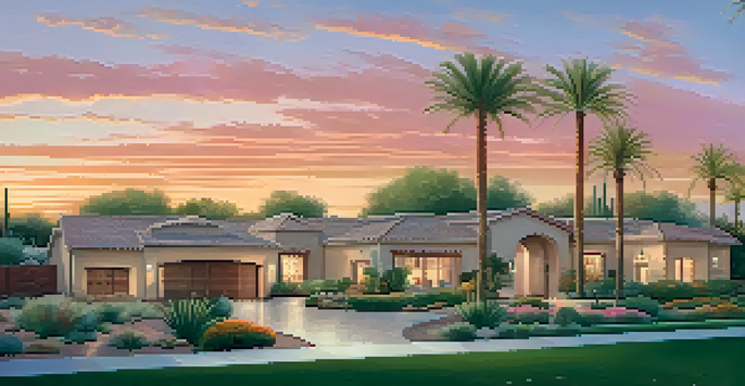 A beautiful sunset view of a Scottsdale neighborhood with luxury homes and palm trees.