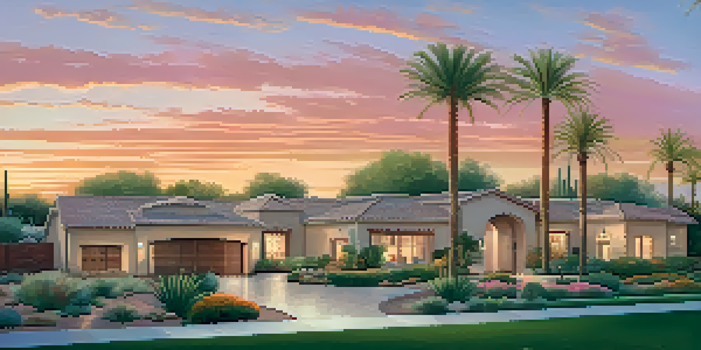 A beautiful sunset view of a Scottsdale neighborhood with luxury homes and palm trees.