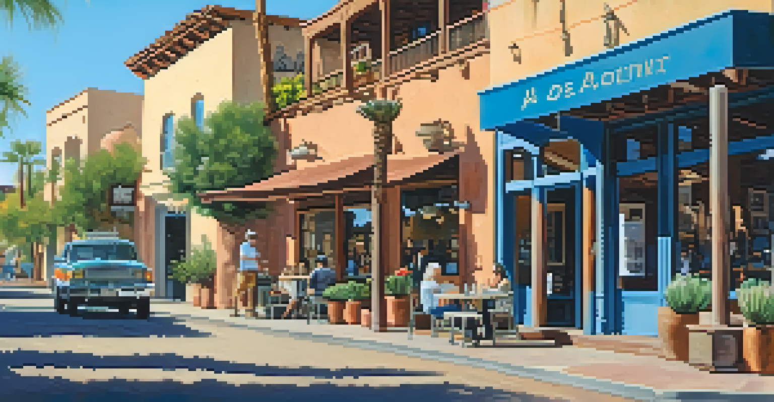 A lively street in Old Town Scottsdale with historic buildings and public art installations.