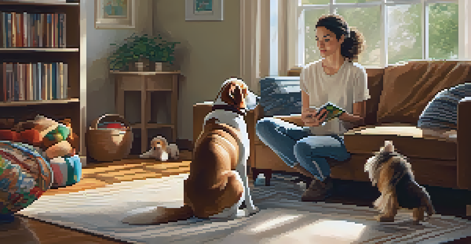 A pet caregiver comforting a nervous dog in a cozy home boarding environment.