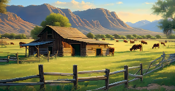 A scenic view of a historic ranch with grazing cattle, a wooden barn, and mountains in the background, illuminated by golden sunlight.
