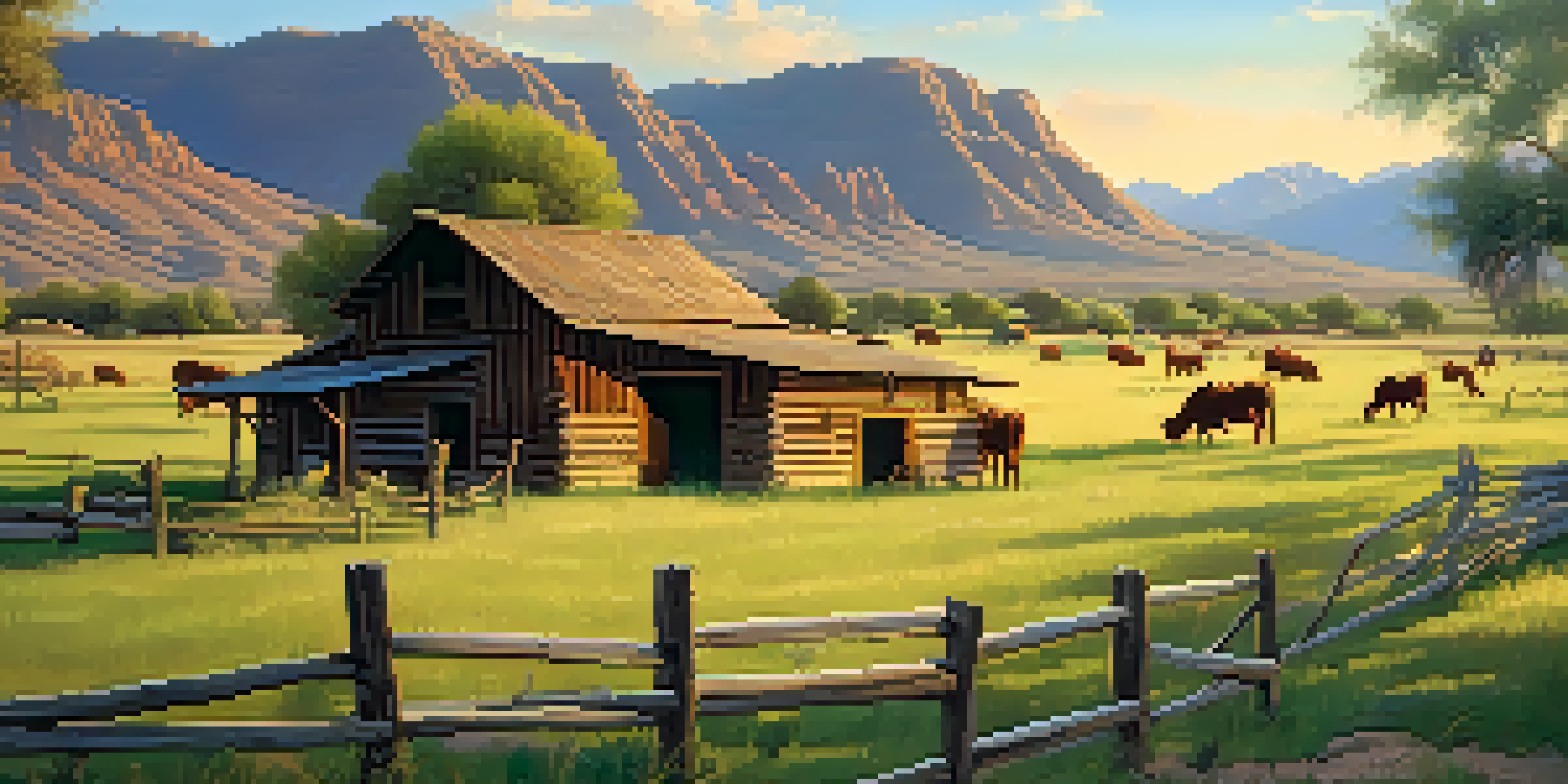 A scenic view of a historic ranch with grazing cattle, a wooden barn, and mountains in the background, illuminated by golden sunlight.
