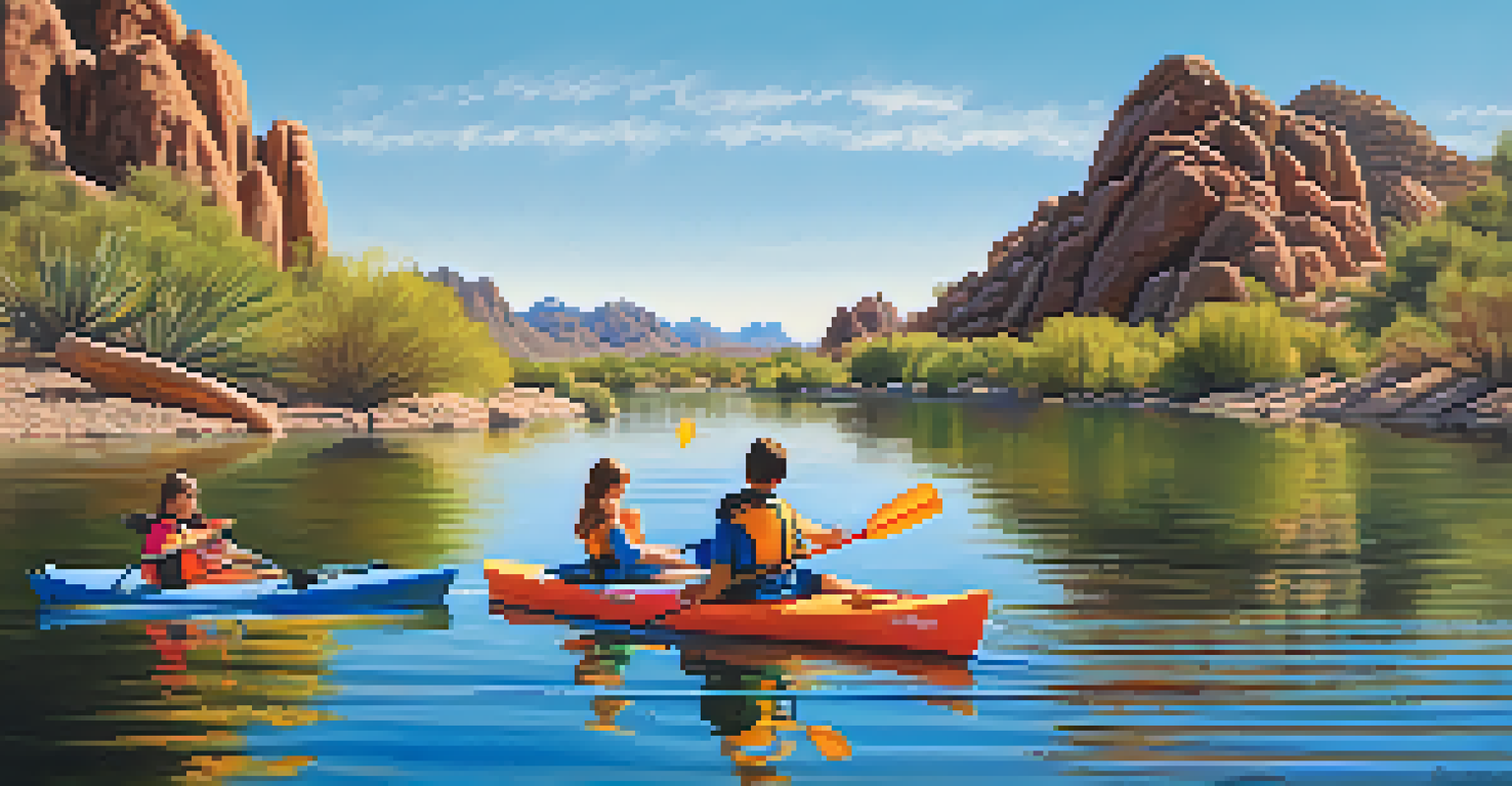Families kayaking on Saguaro Lake, surrounded by desert scenery and saguaro cacti under a blue sky.