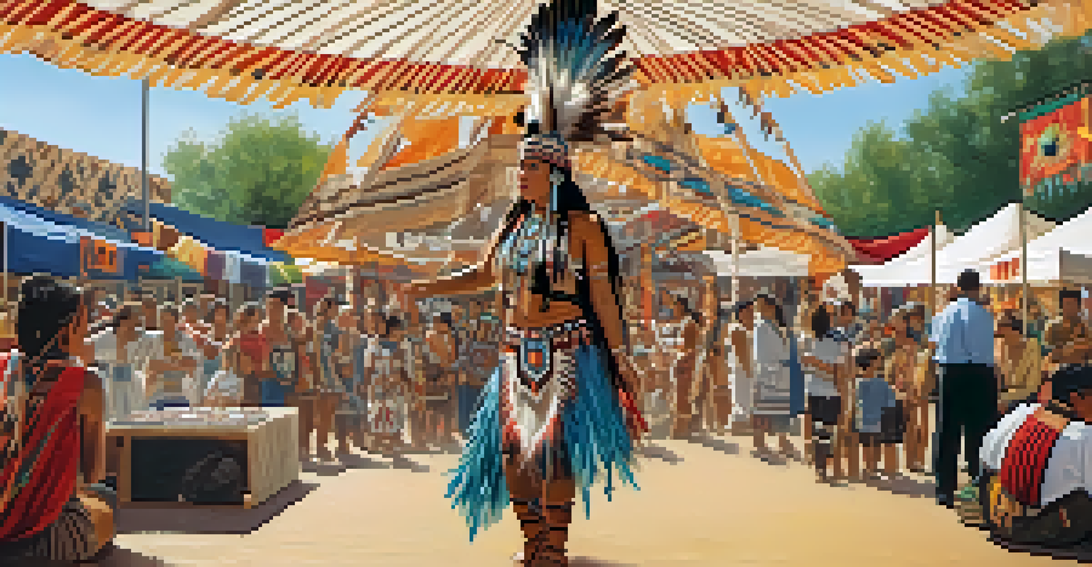 A Native American dancer performing at a heritage festival, surrounded by booths displaying traditional crafts and jewelry.