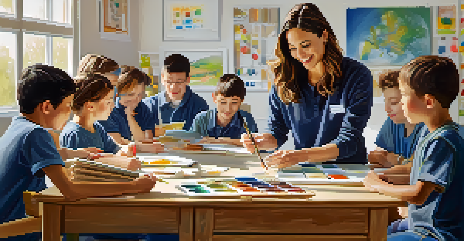 An art instructor teaching a small group of students in a bright classroom, with students focused on their work.