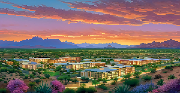 A beautiful sunset view over Scottsdale, Arizona, displaying modern luxury apartments and single-family homes amidst lush greenery and colorful desert plants.