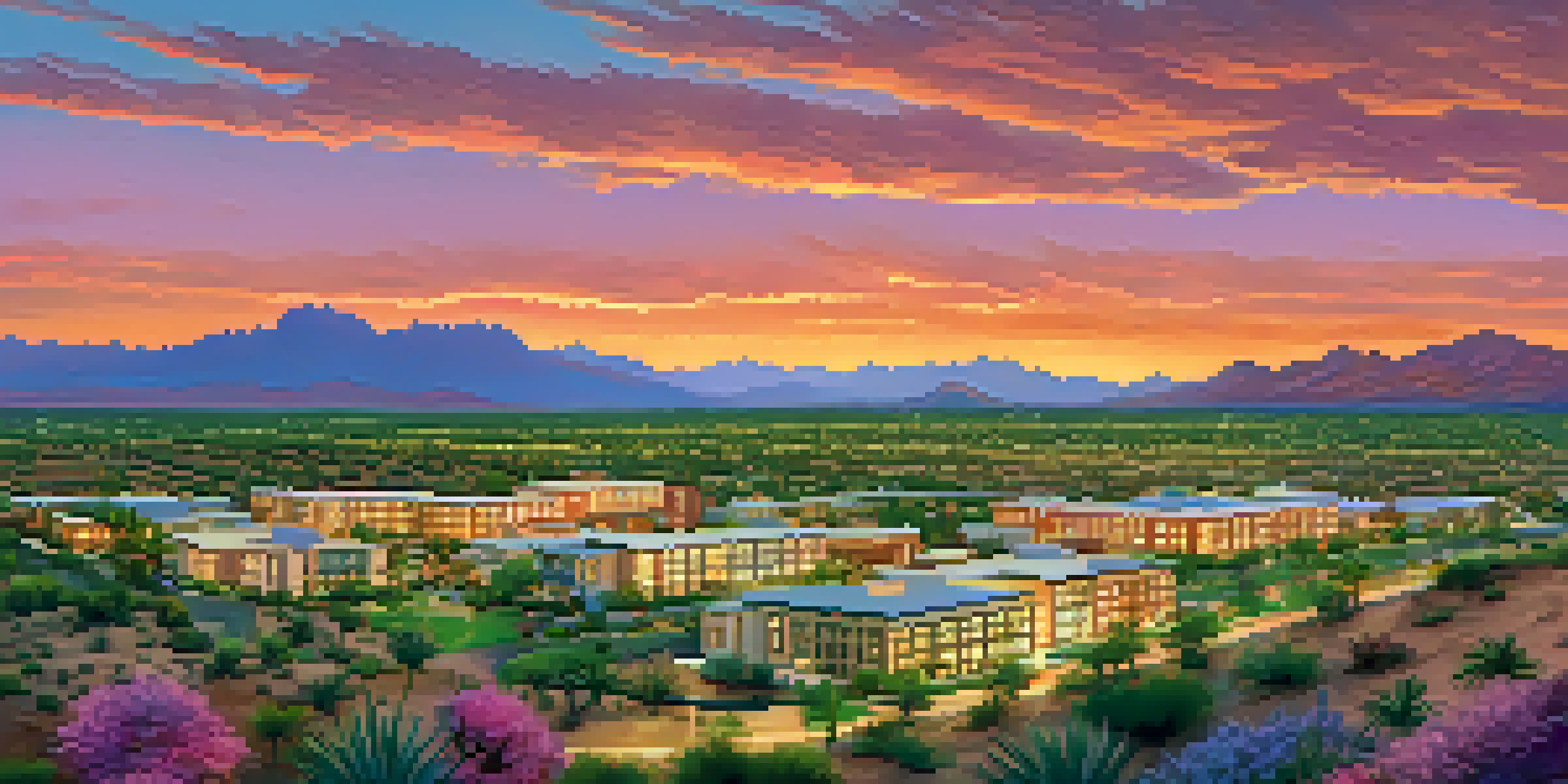 A beautiful sunset view over Scottsdale, Arizona, displaying modern luxury apartments and single-family homes amidst lush greenery and colorful desert plants.
