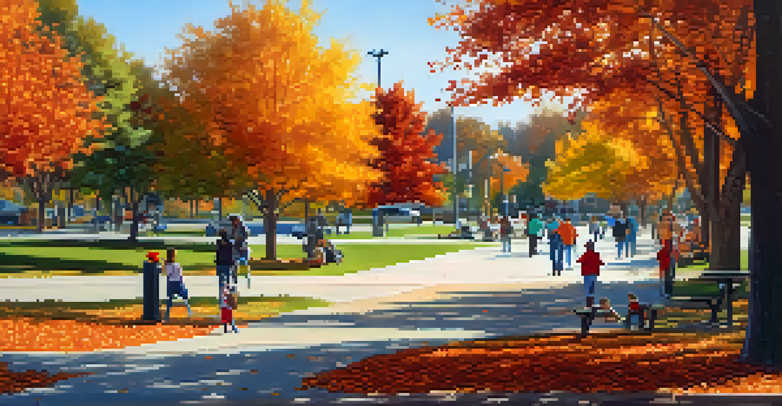 A lively autumn day at Chaparral Park with families walking and biking among colorful fall trees.
