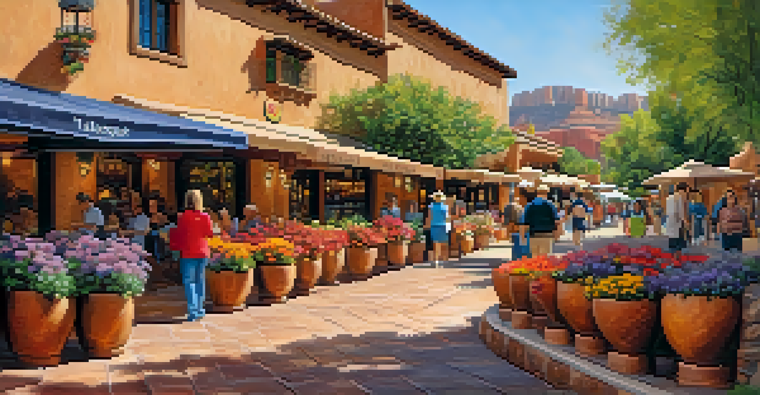 A view of Tlaquepaque Arts & Shopping Village in Sedona, showcasing adobe-style architecture, flowers, and shoppers in a vibrant courtyard.