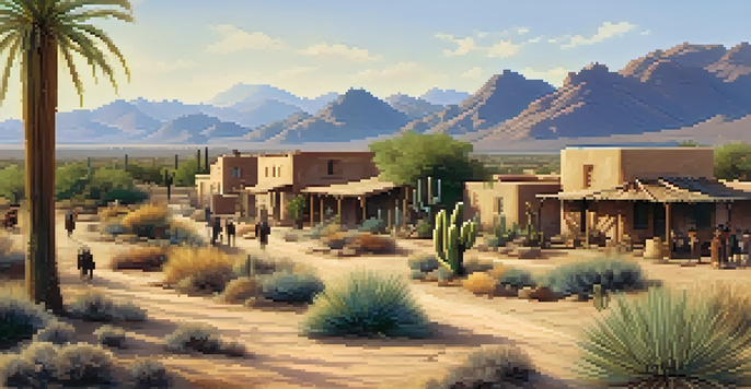 A historical scene depicting early settlers in Scottsdale with adobe houses and desert plants under a blue sky.