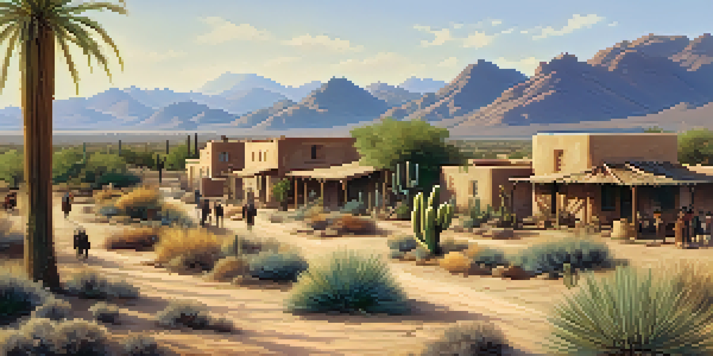 A historical scene depicting early settlers in Scottsdale with adobe houses and desert plants under a blue sky.