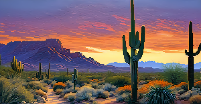 A sunset view of the McDowell Sonoran Preserve with a winding trail and desert cacti.