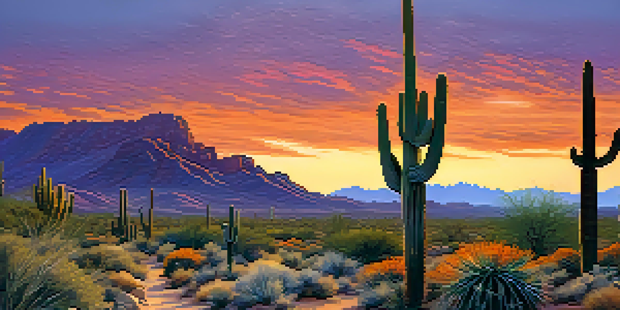 A sunset view of the McDowell Sonoran Preserve with a winding trail and desert cacti.