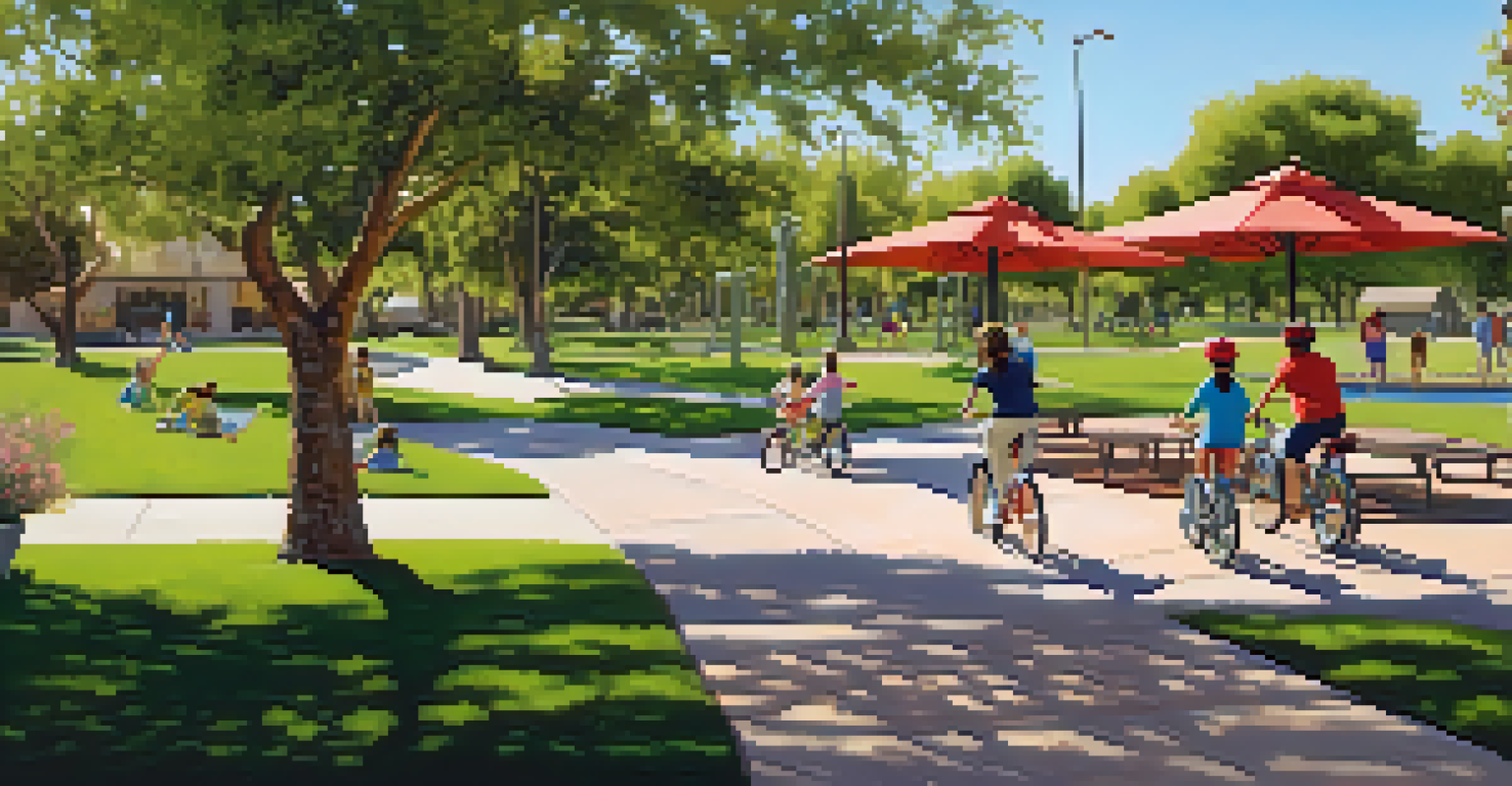 A family riding bikes on paths at Scottsdale Ranch Park, with kids playing on a playground and a picnic area in a beautiful setting.