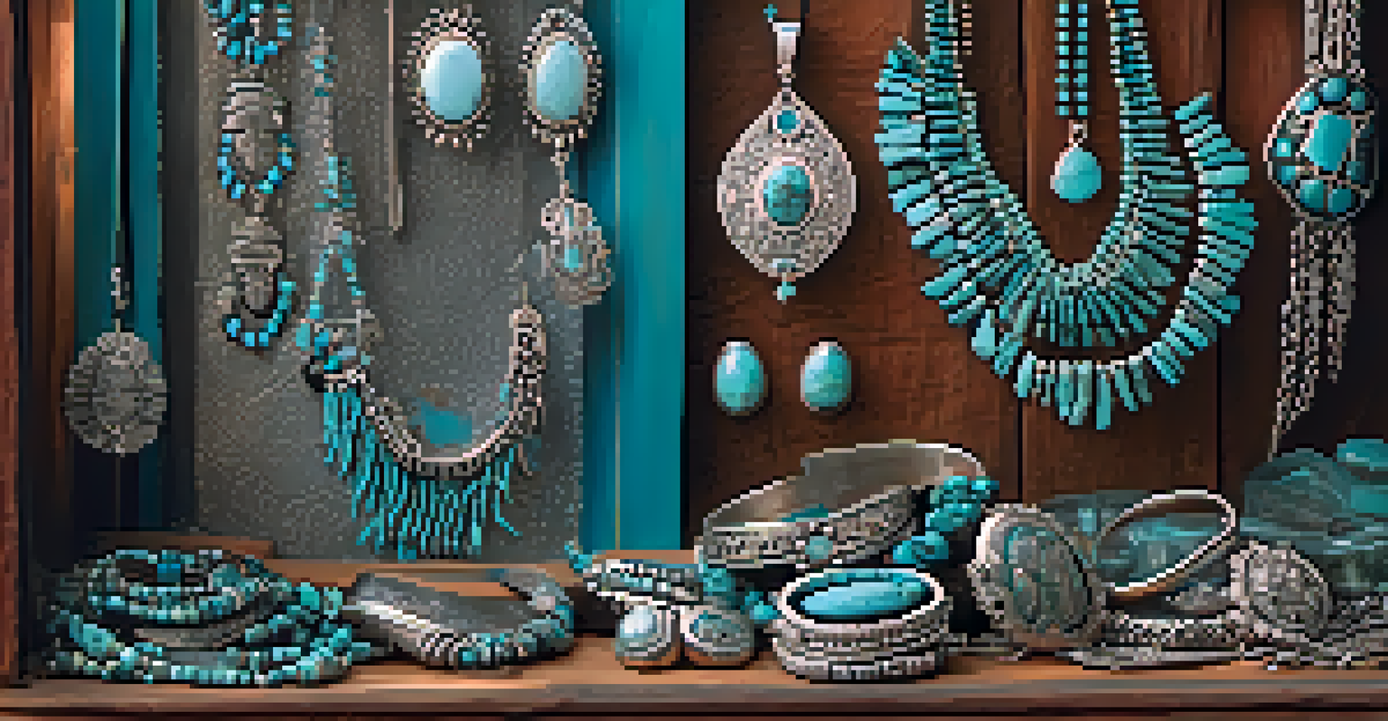A close-up view of handcrafted jewelry in a shop window in Tombstone, Arizona, featuring silver and turquoise pieces.