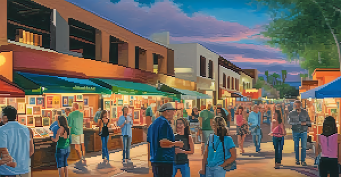 A lively street scene during the Scottsdale ArtWalk, with local artists displaying their work and visitors enjoying the event.