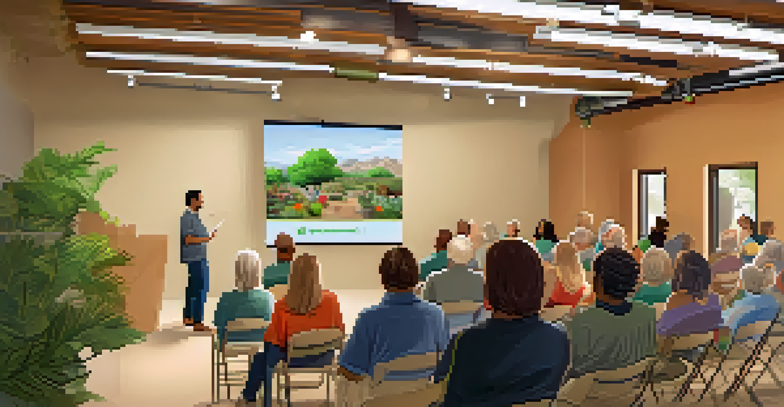 A workshop on recycling in a community center in Scottsdale, featuring residents listening to a presenter with visual aids and eco-friendly decorations.