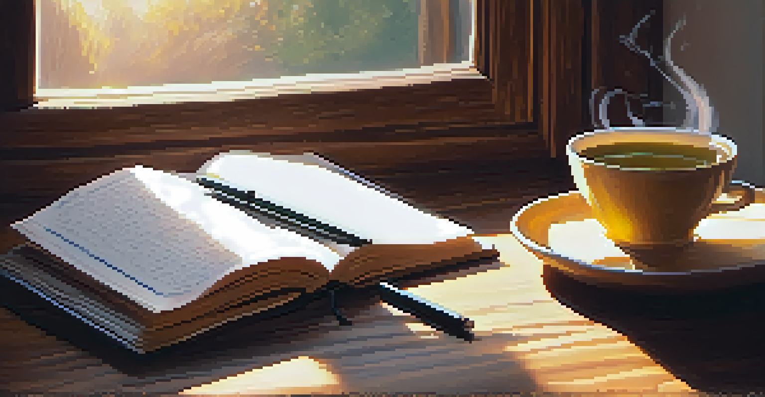 A close-up of hands holding a cup of herbal tea next to a mindfulness journal and pen on a table, illuminated by soft morning light.