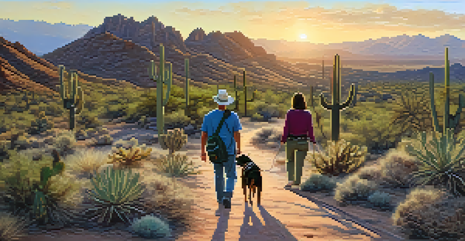 A couple hiking with their dog on a scenic desert trail during sunset.