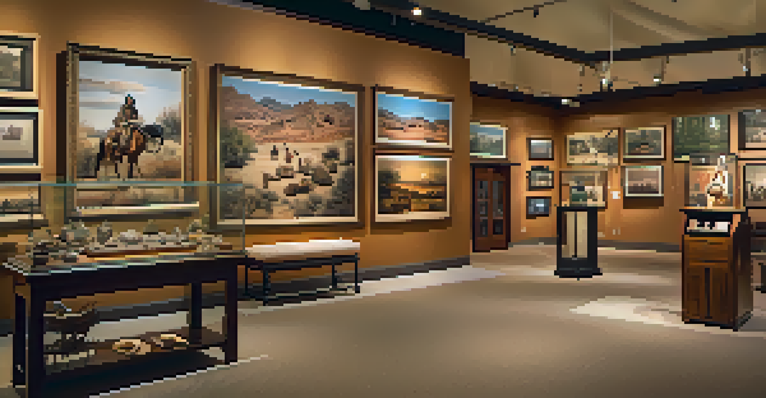 An interior view of a historical museum showcasing artifacts and photographs, with warm lighting creating an inviting atmosphere.