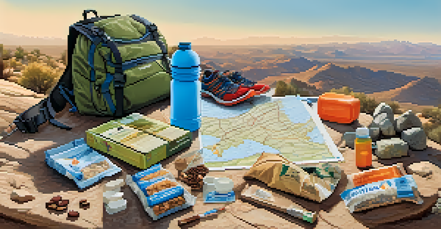 Essential hiking gear displayed on a rocky surface, including a map, first-aid kit, and snacks, with a desert landscape in the background.