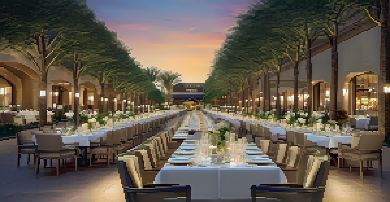 A luxurious dining table set outdoors with gourmet food and shopping bags in a stylish environment.
