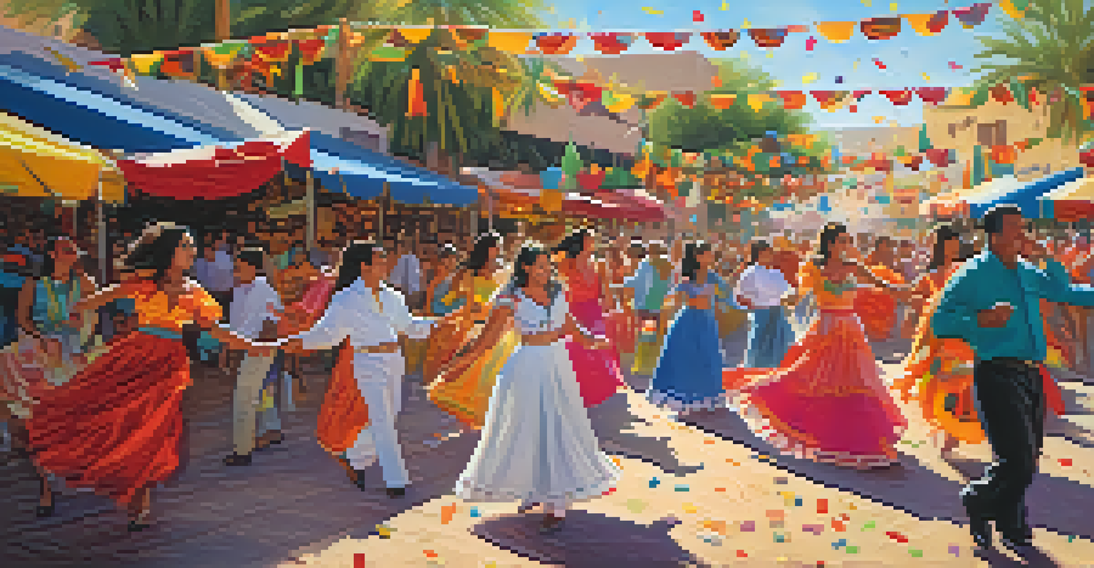 Dancers in colorful attire enjoying the Scottsdale Latin Music Festival, surrounded by decorations and food stalls.