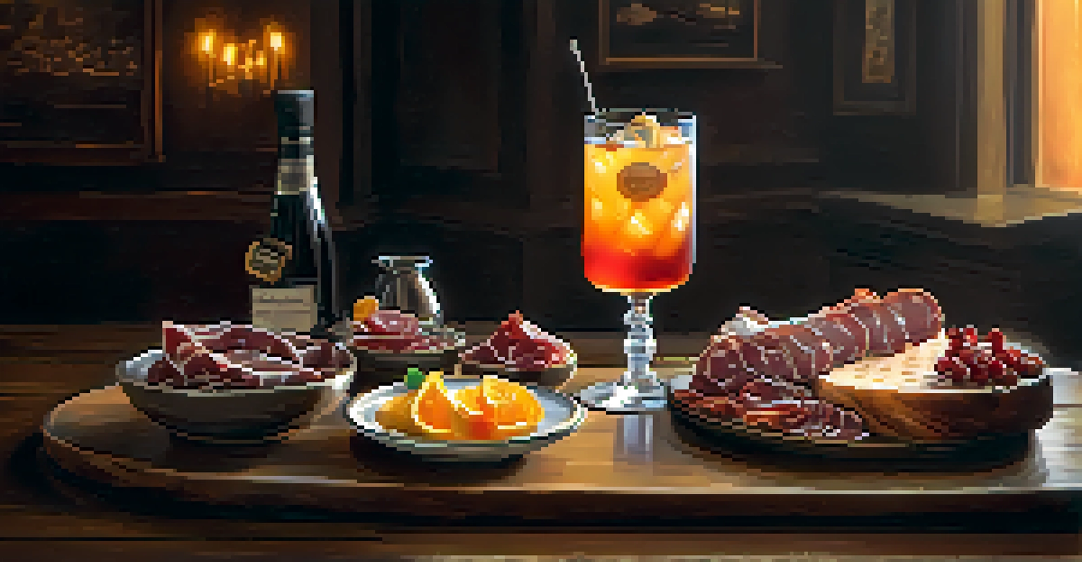 A beautifully arranged cocktail and charcuterie plate on a wooden table, with warm lighting enhancing the colors.