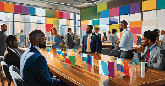 A diverse group of professionals networking in a bright conference room filled with natural light and business cards on a table.