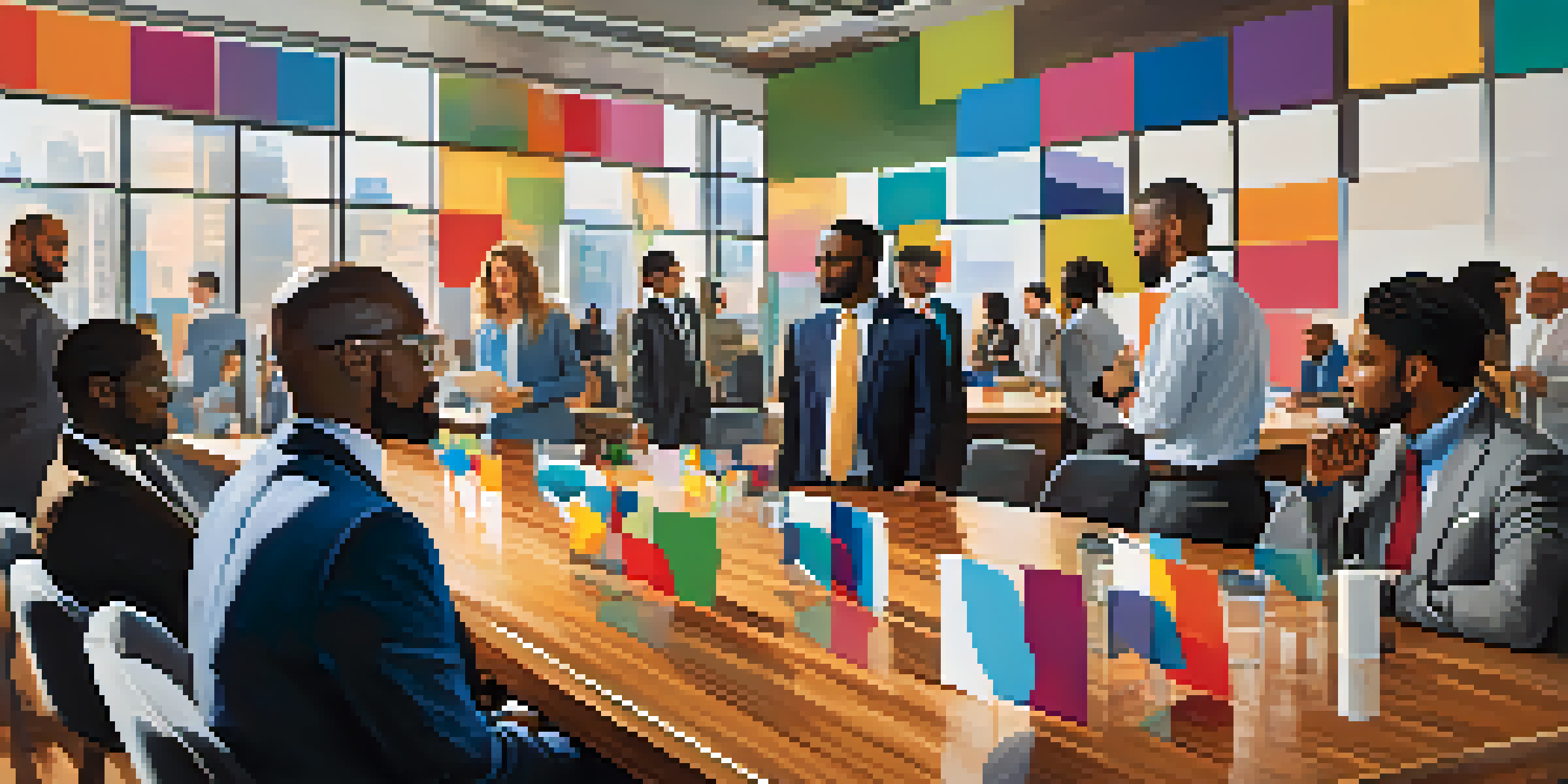 A diverse group of professionals networking in a bright conference room filled with natural light and business cards on a table.