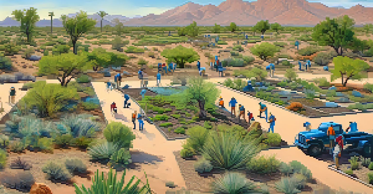 Volunteers participating in a habitat restoration project in Scottsdale, planting native plants in a desert landscape.