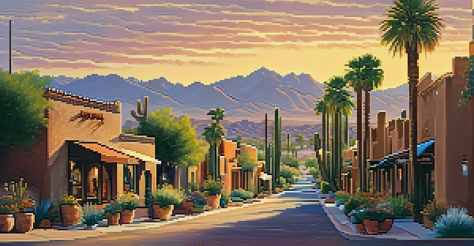 A scenic view of Old Town Scottsdale with adobe buildings and blooming desert plants during sunset, featuring people walking along cobblestone streets.