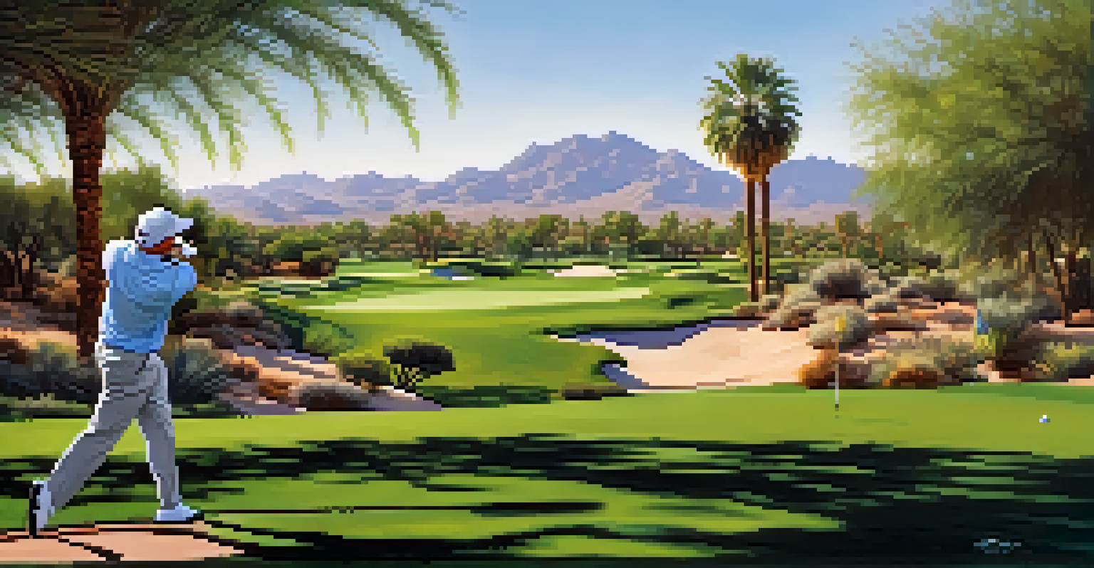 A golfer practicing their swing on a sunny Scottsdale golf course with palm trees in the background.