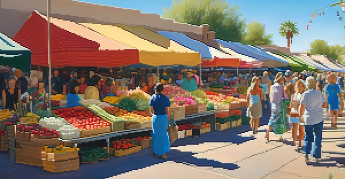 A lively spring market in Scottsdale with colorful stalls, fresh fruits, flowers, and families enjoying the day under a clear blue sky.