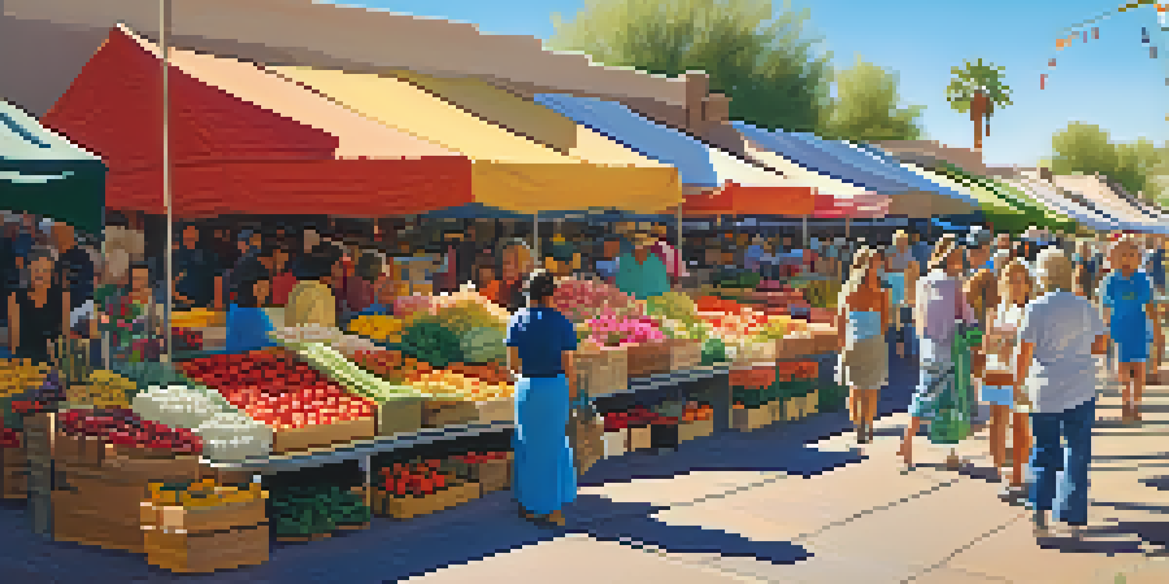 A lively spring market in Scottsdale with colorful stalls, fresh fruits, flowers, and families enjoying the day under a clear blue sky.