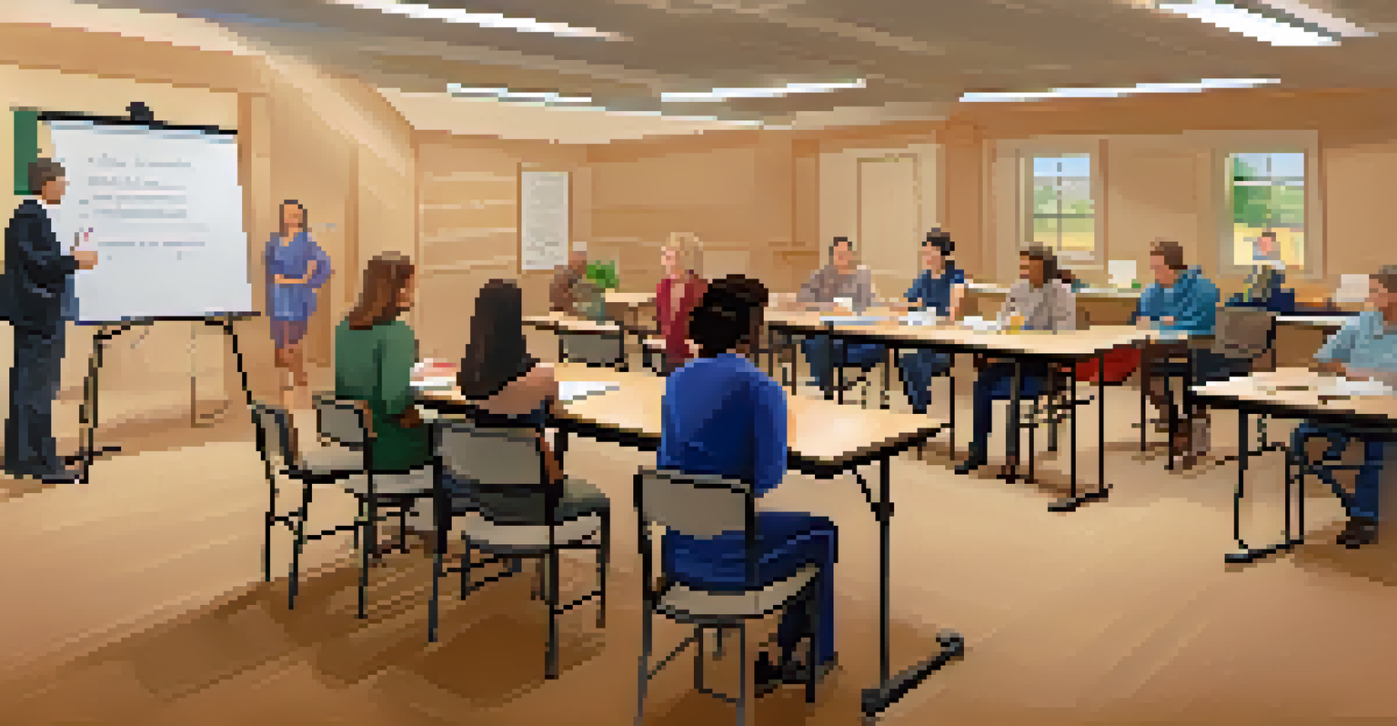 An indoor classroom with a public speaking workshop, featuring an instructor and engaged participants in a warm atmosphere.