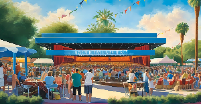 An outdoor theater festival in Scottsdale with colorful stalls and live performances, the Scottsdale Center for the Performing Arts in the background.