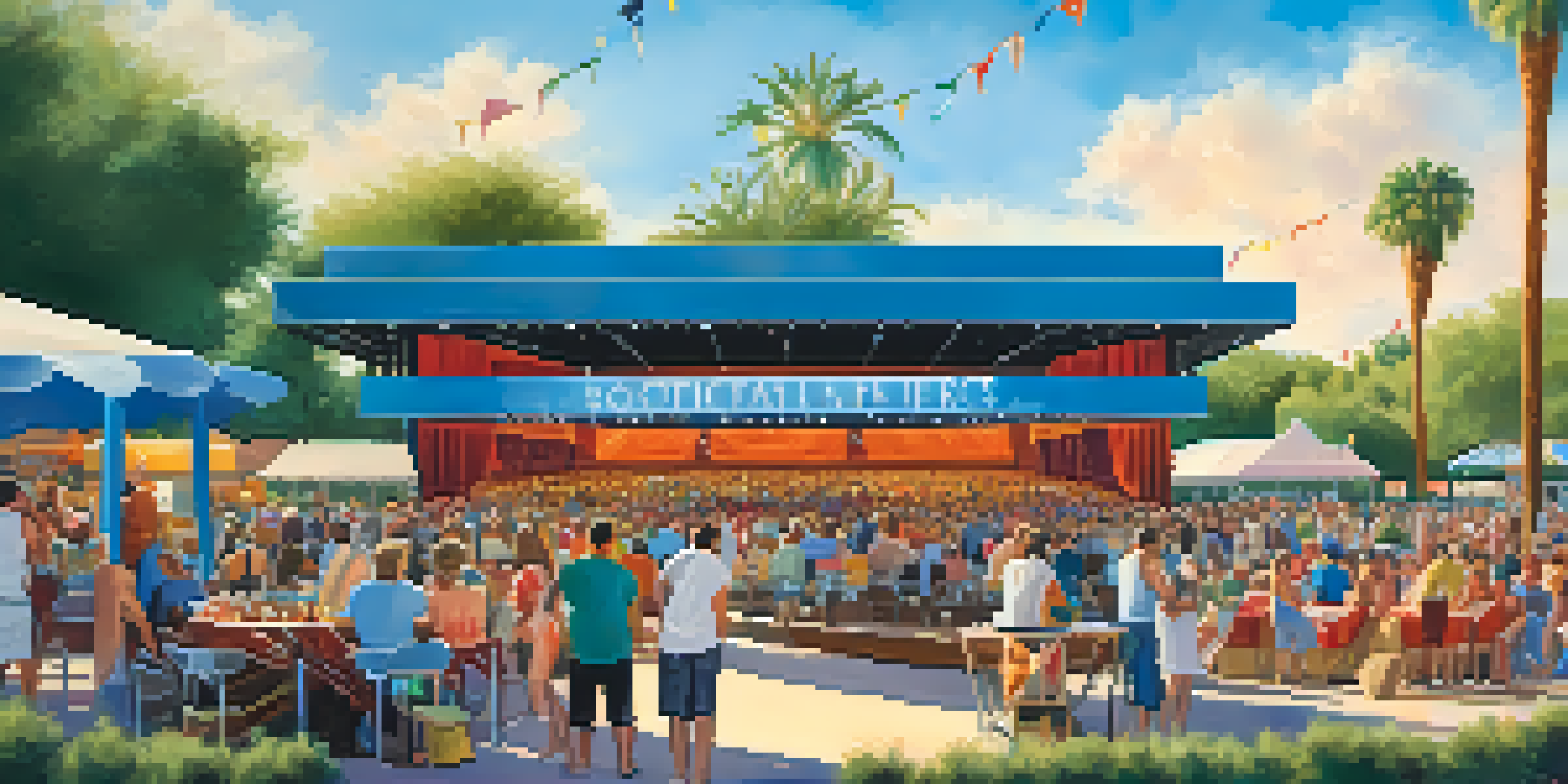 An outdoor theater festival in Scottsdale with colorful stalls and live performances, the Scottsdale Center for the Performing Arts in the background.