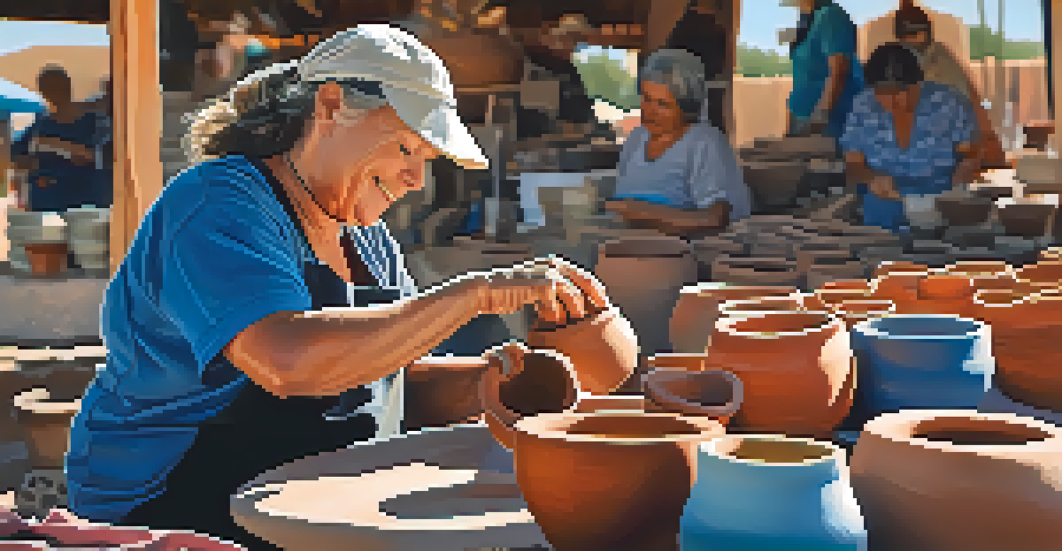Close-up of a local artisan shaping pottery at a market stall.