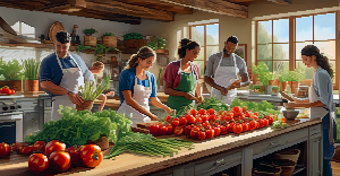Participants in a cooking class at a Scottsdale resort, selecting fresh vegetables from a garden with sunlight streaming in.
