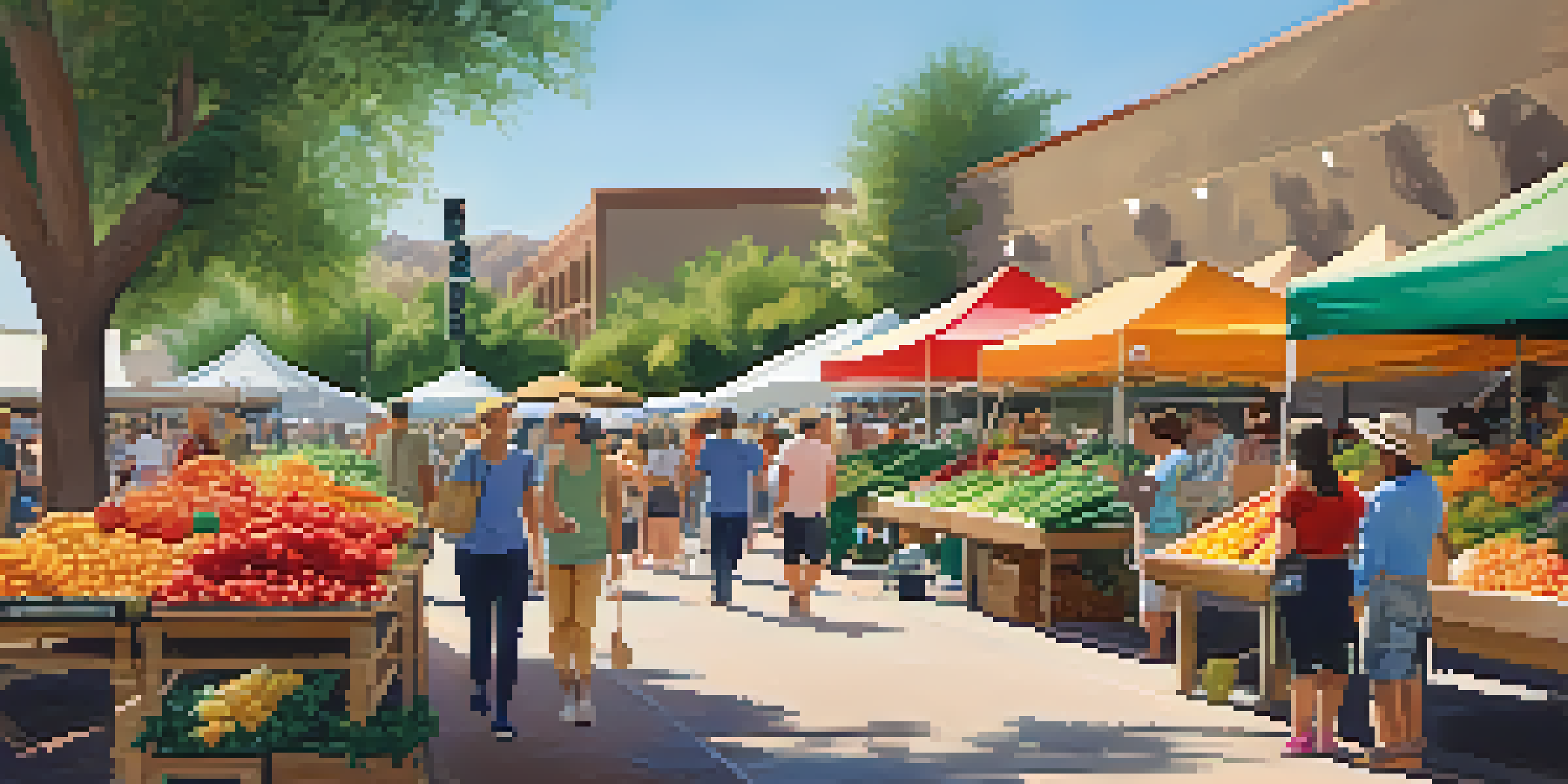 A lively farmers market in Scottsdale with colorful stalls of fresh produce and families enjoying the atmosphere.