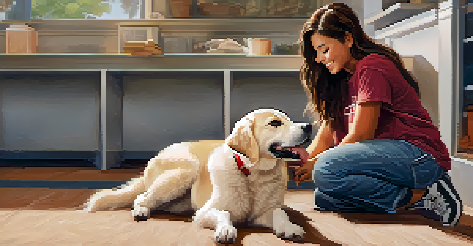 A volunteer kneeling and petting a rescued dog in a cozy indoor setting, expressing compassion and care.