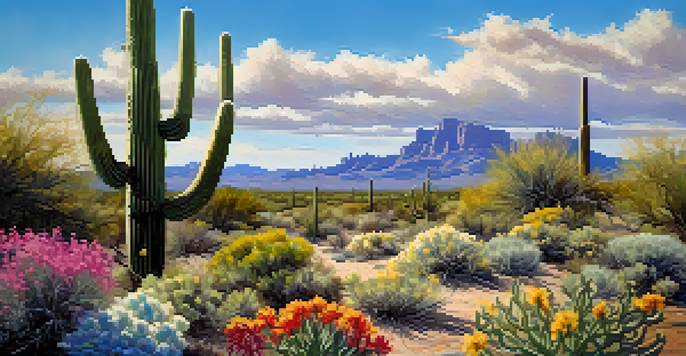 A tall Saguaro cactus amidst colorful wildflowers under a blue sky with clouds.