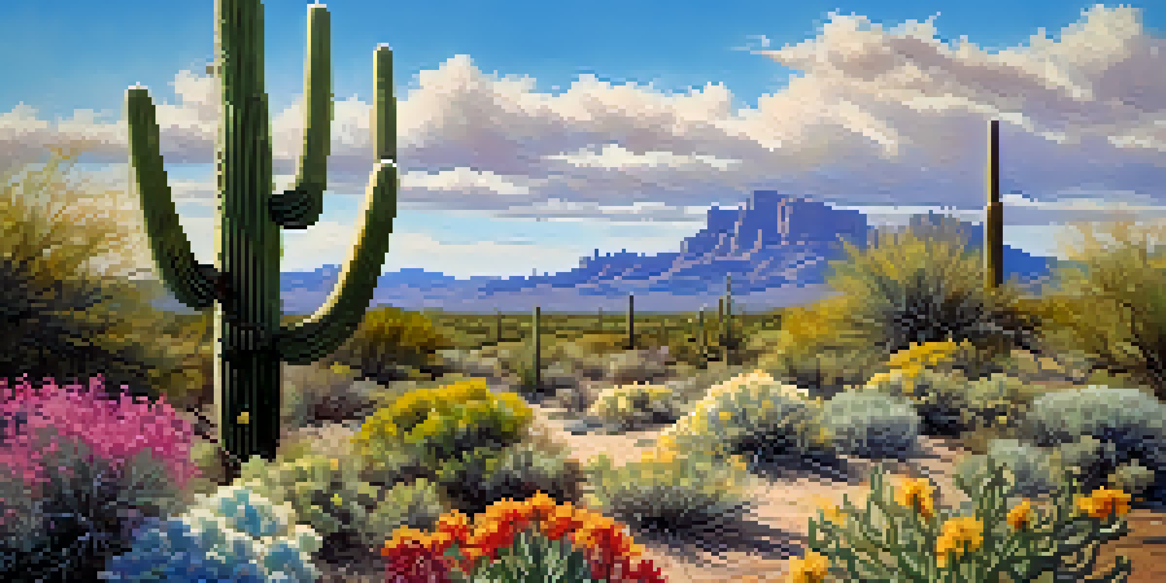 A tall Saguaro cactus amidst colorful wildflowers under a blue sky with clouds.