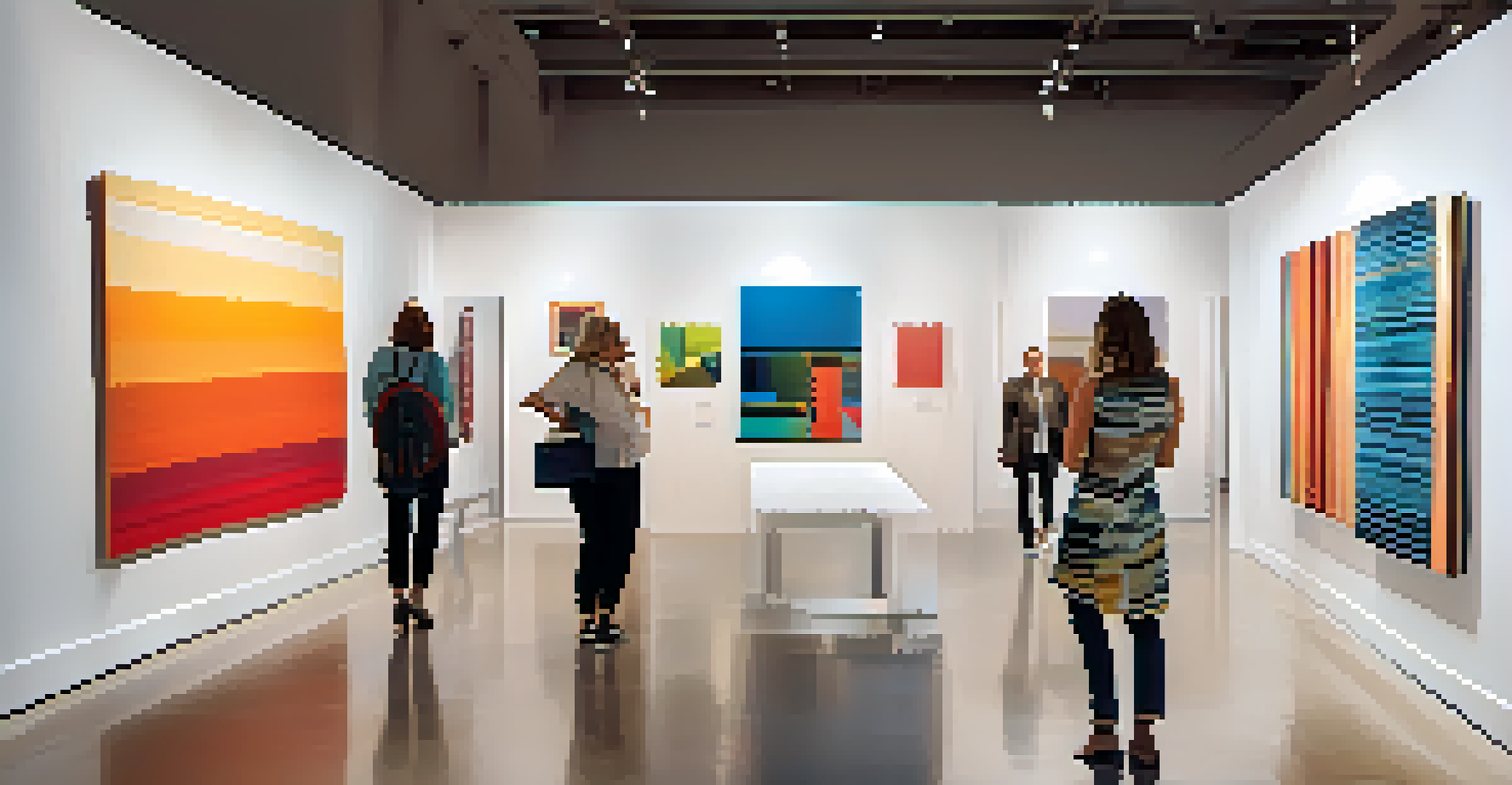 An art exhibition featuring textile artworks with visitors exploring the vibrant pieces displayed in a well-lit room.