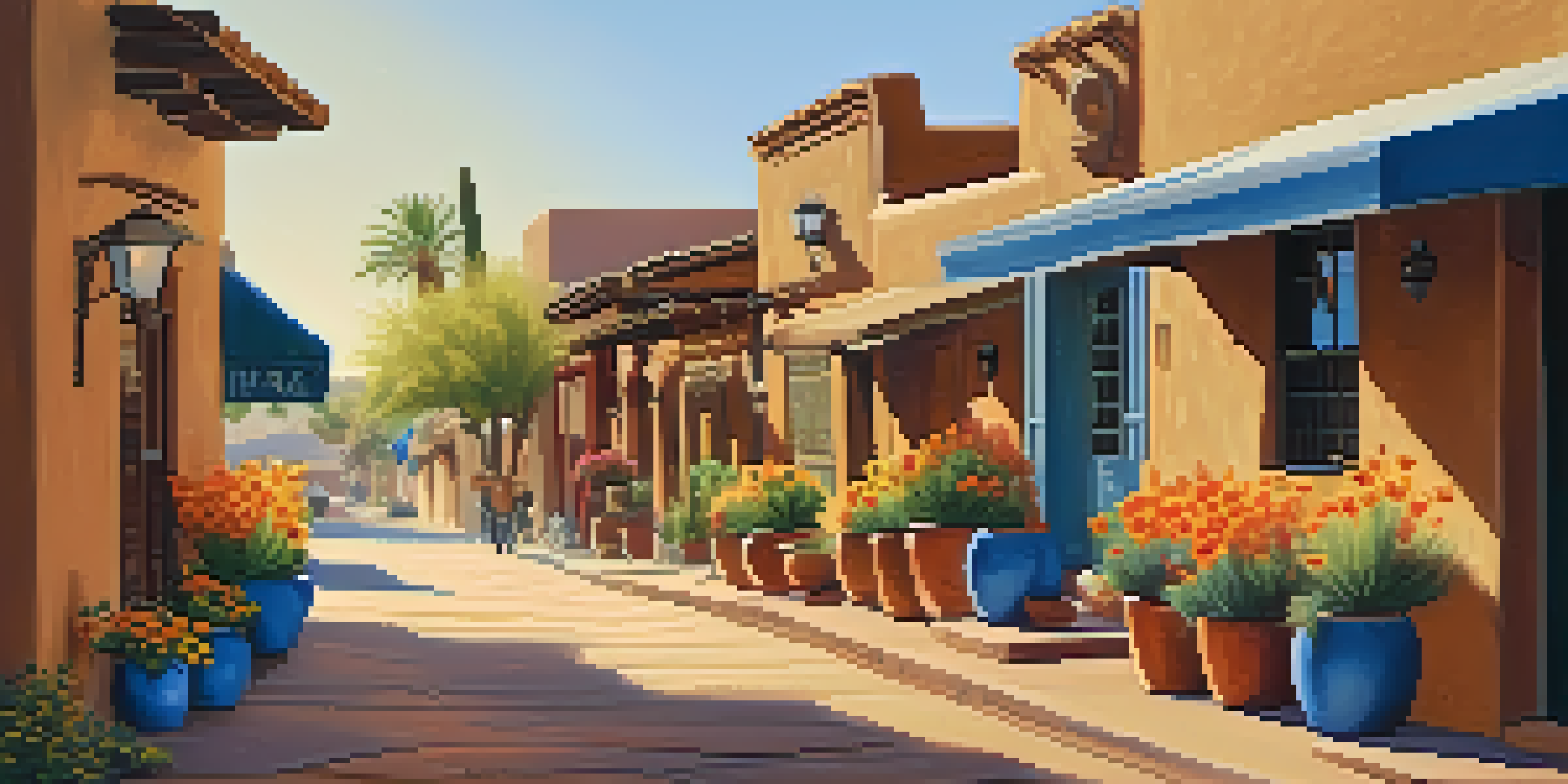 A scenic view of Old Town Scottsdale with historic buildings, flower pots, and a bright blue sky.