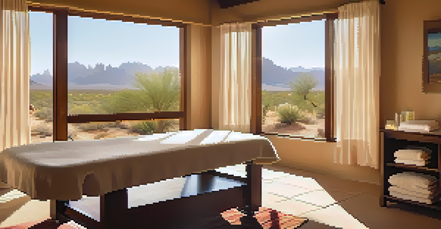 A luxurious spa treatment room with natural decor and a view of the desert outside.