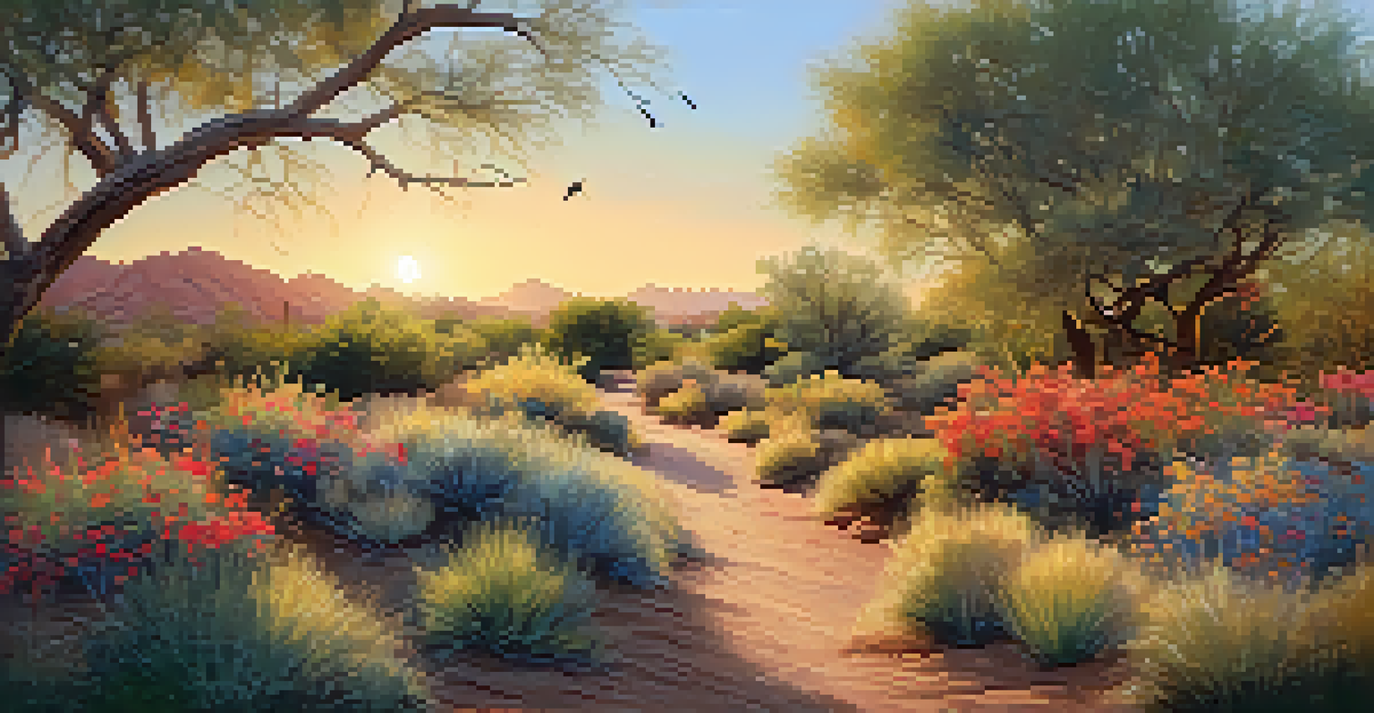 A serene wildlife corridor with a pathway and native plants, featuring birds and small mammals under warm light.